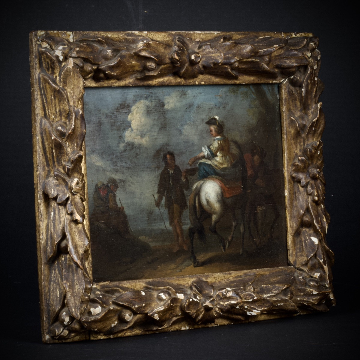 August Querfurt (cercle de), Cavalière en amazone faisant l'aumône, Huile sur panneau, XVIIIe-photo-4