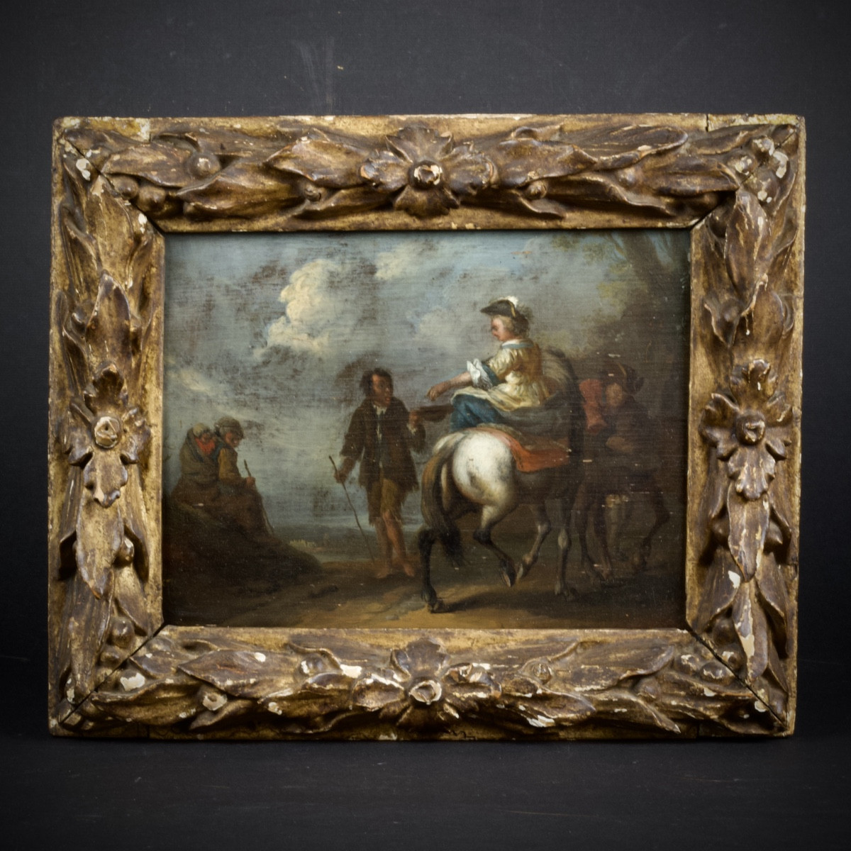 August Querfurt (cercle de), Cavalière en amazone faisant l'aumône, Huile sur panneau, XVIIIe