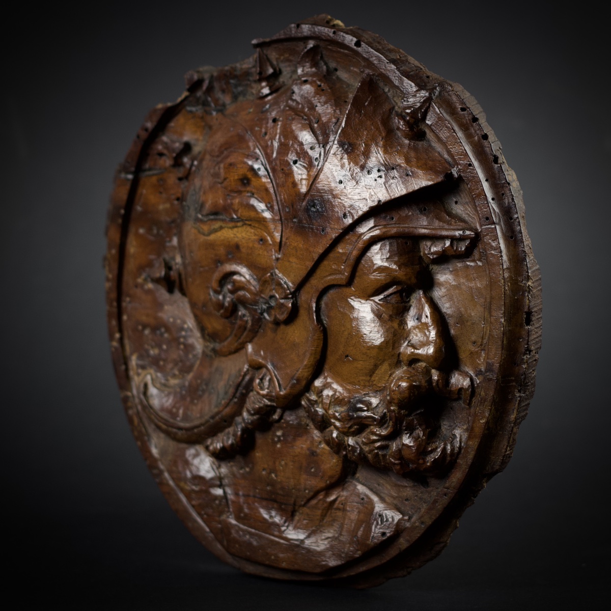 Médaillon en bois sculpté au profil d'homme casqué, dieu Mars (?), DLG Renaissance, XIXe siècle-photo-3