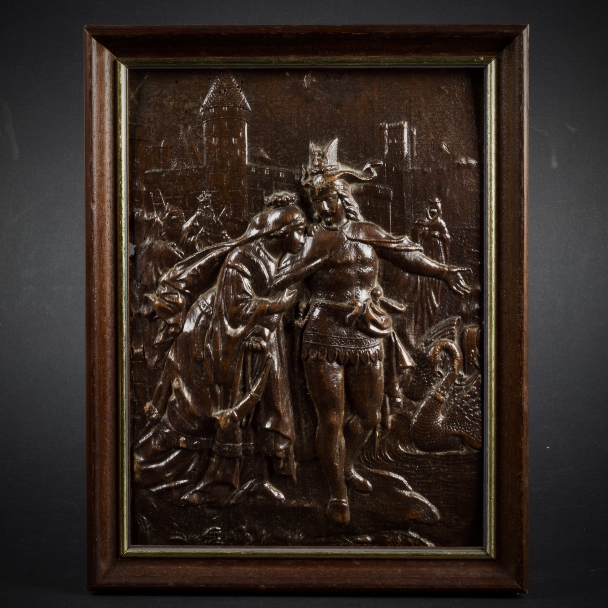 Gustav Grohe (d'après), Le chevalier au Cygne, carton moulé et patiné, Lohengrin, fin XIXe