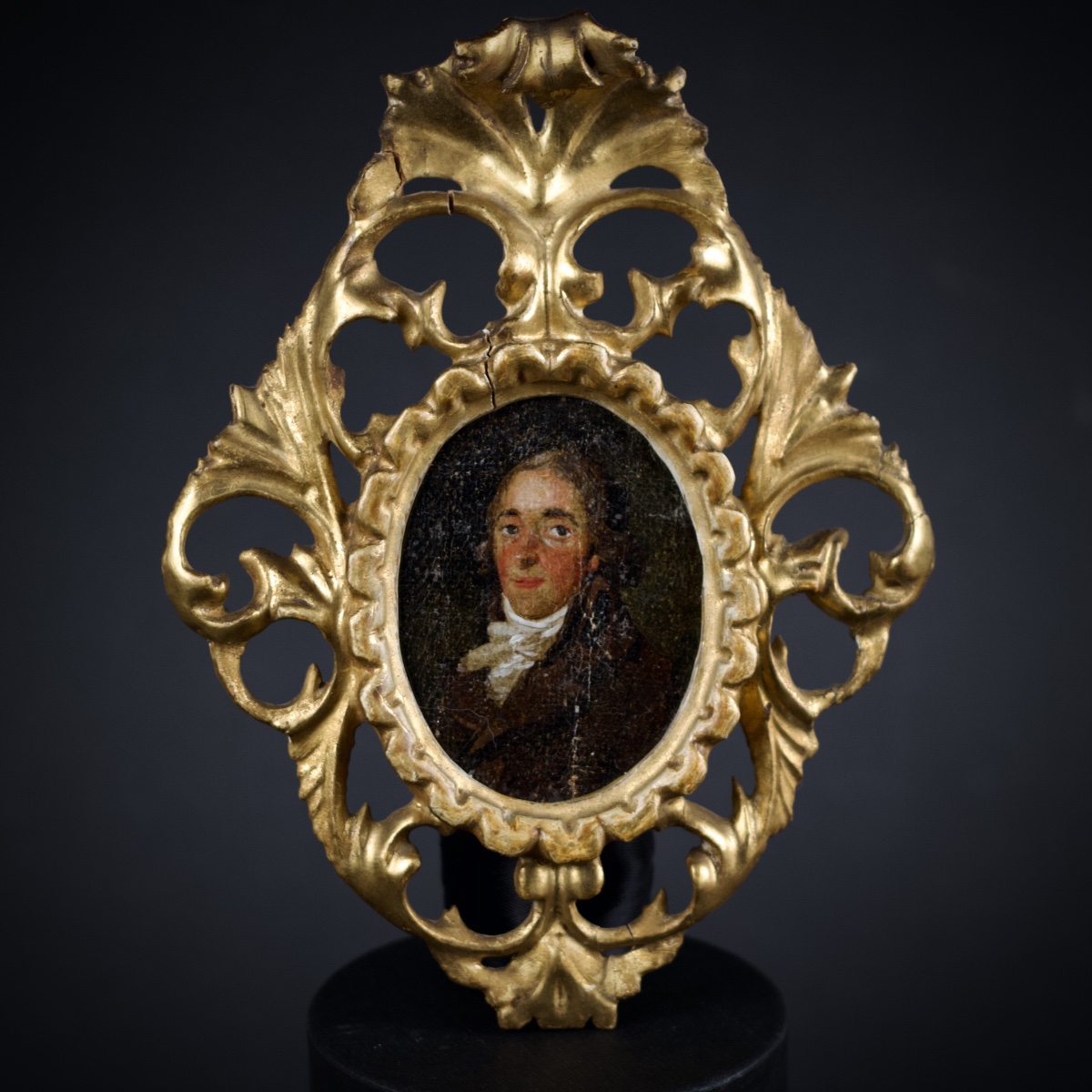 Miniature Portrait Of A Gentleman In A Lavish 18th-century Italian Baroque Frame Made Of Gilded Stucco 