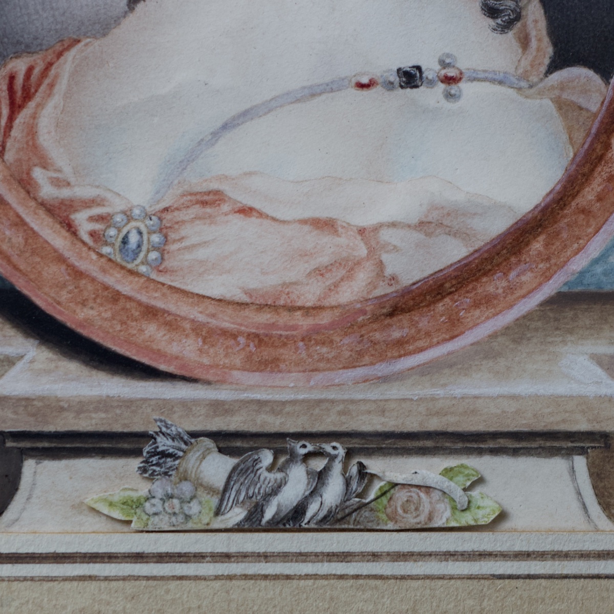 Portrait de Ninon de Lenclos, aquarelle XVIIIe et colombes de papier,  cadre époque Louis XIII -photo-2