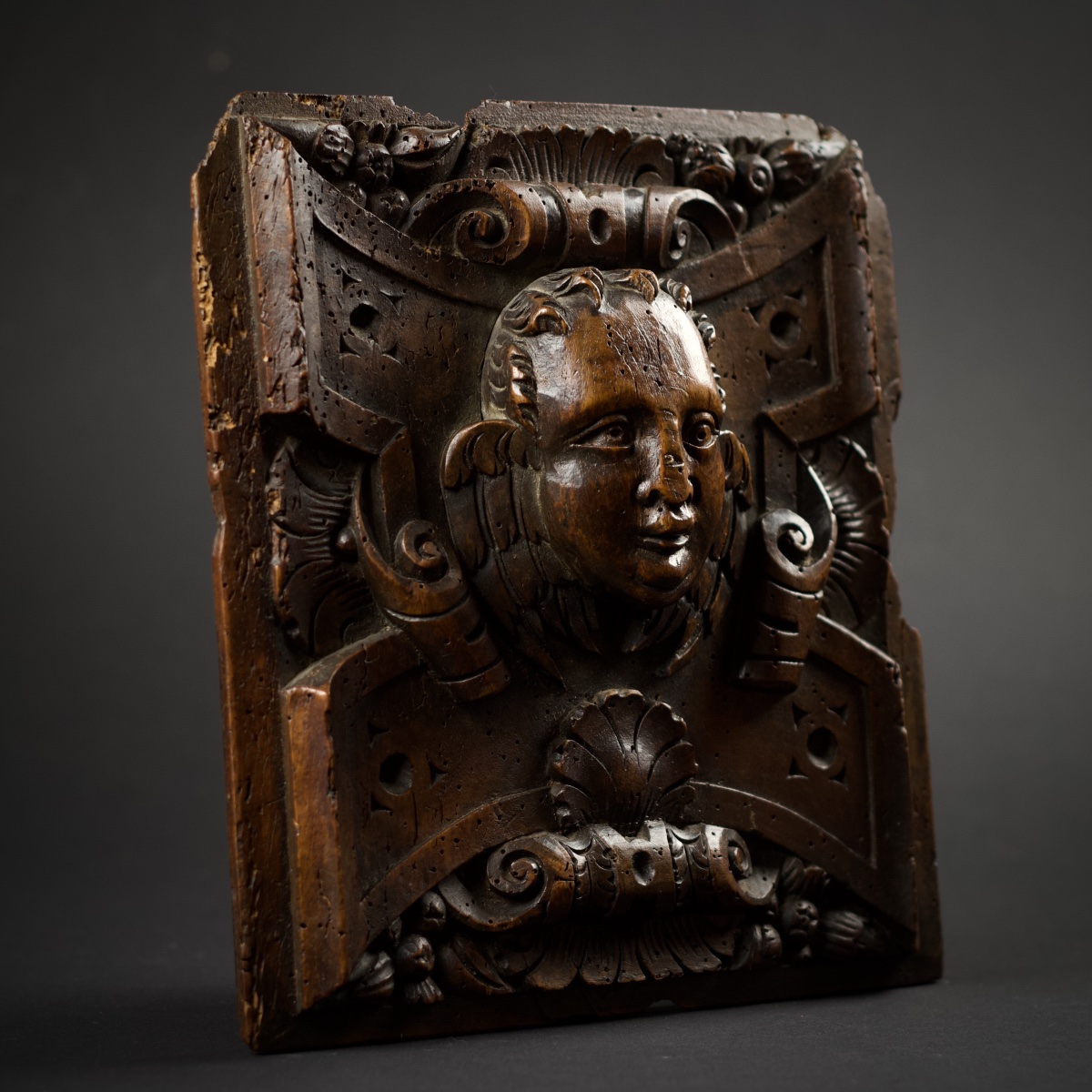 Carved Wooden Panel Depicting A Cherub's Head, Renaissance (fontainebleau), Late 16th–early 17th Century-photo-1
