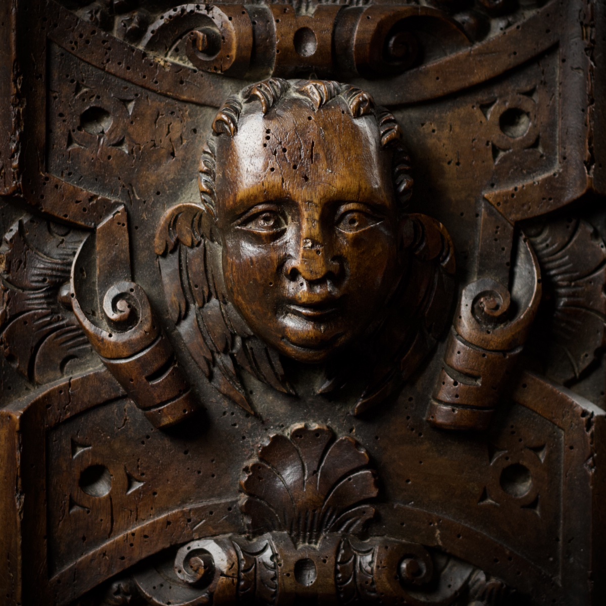 Carved Wooden Panel Depicting A Cherub's Head, Renaissance (fontainebleau), Late 16th–early 17th Century-photo-2