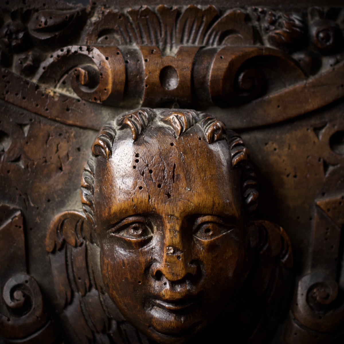 Carved Wooden Panel Depicting A Cherub's Head, Renaissance (fontainebleau), Late 16th–early 17th Century-photo-3