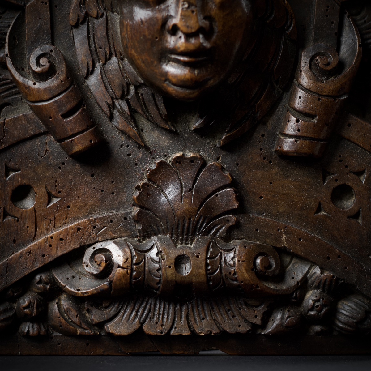 Carved Wooden Panel Depicting A Cherub's Head, Renaissance (fontainebleau), Late 16th–early 17th Century-photo-4