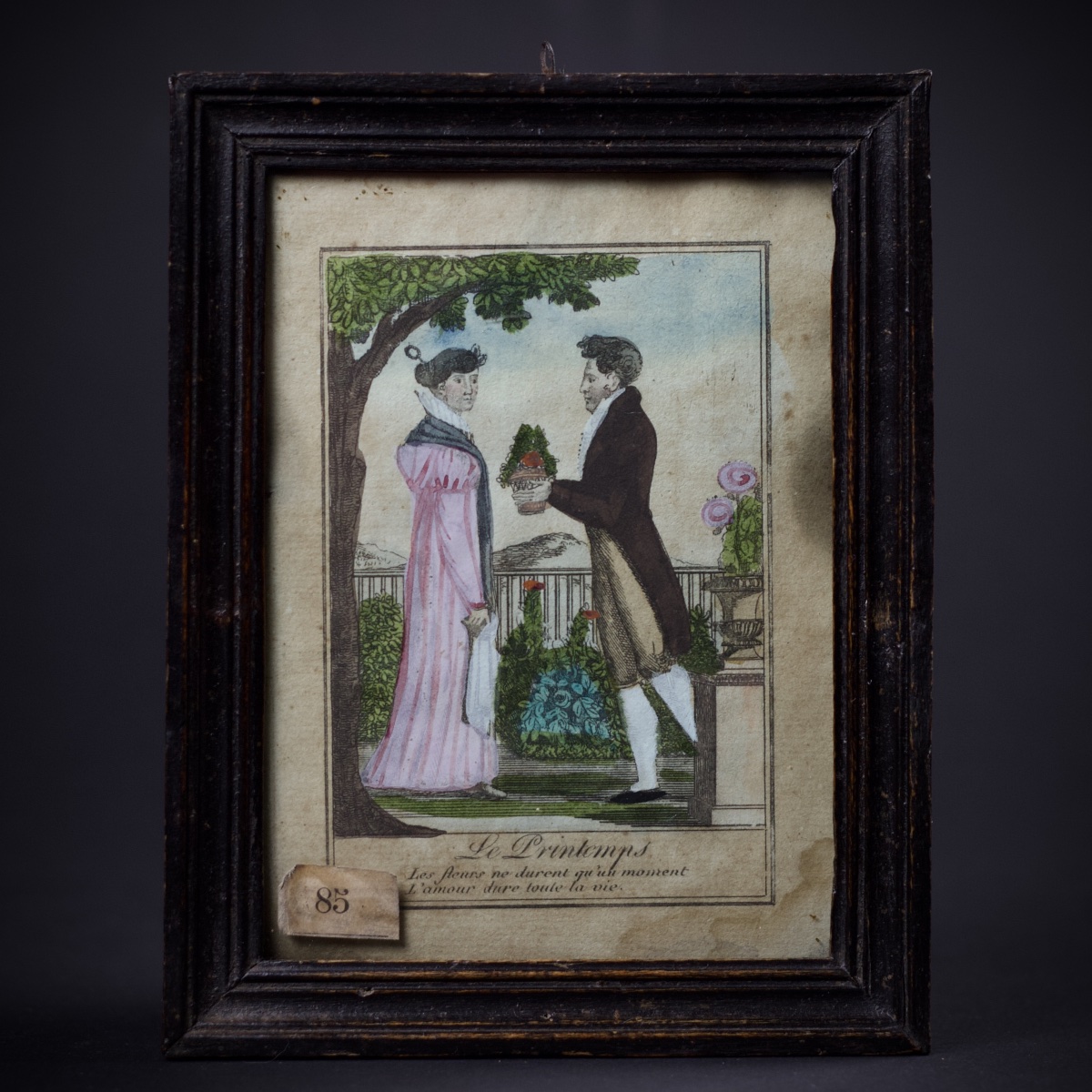 "spring," A 19th-century Enhanced Engraving (ca. 1810–20) Depicting A Romantic Theme, With An Antique Frame And Glass-photo-2