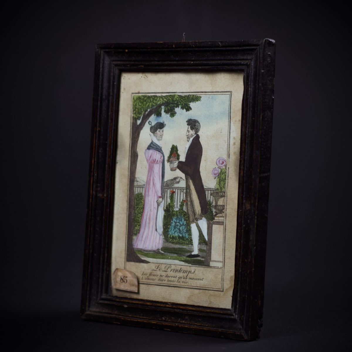 "spring," A 19th-century Enhanced Engraving (ca. 1810–20) Depicting A Romantic Theme, With An Antique Frame And Glass-photo-4
