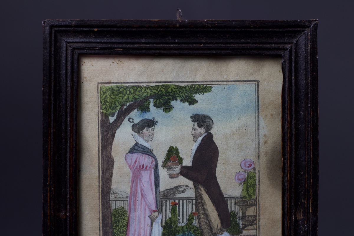 "spring," A 19th-century Enhanced Engraving (ca. 1810–20) Depicting A Romantic Theme, With An Antique Frame And Glass-photo-1