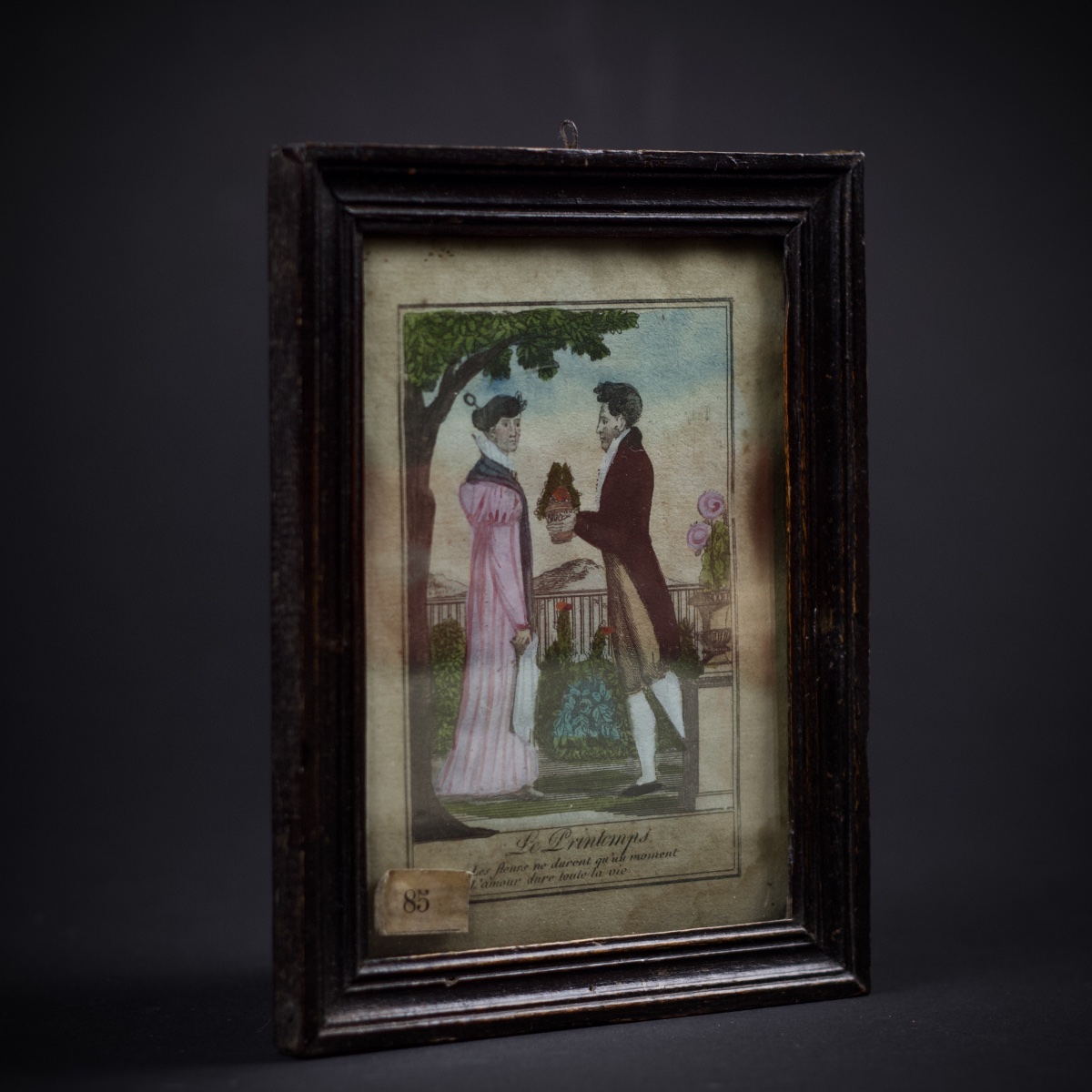 "spring," A 19th-century Enhanced Engraving (ca. 1810–20) Depicting A Romantic Theme, With An Antique Frame And Glass-photo-2