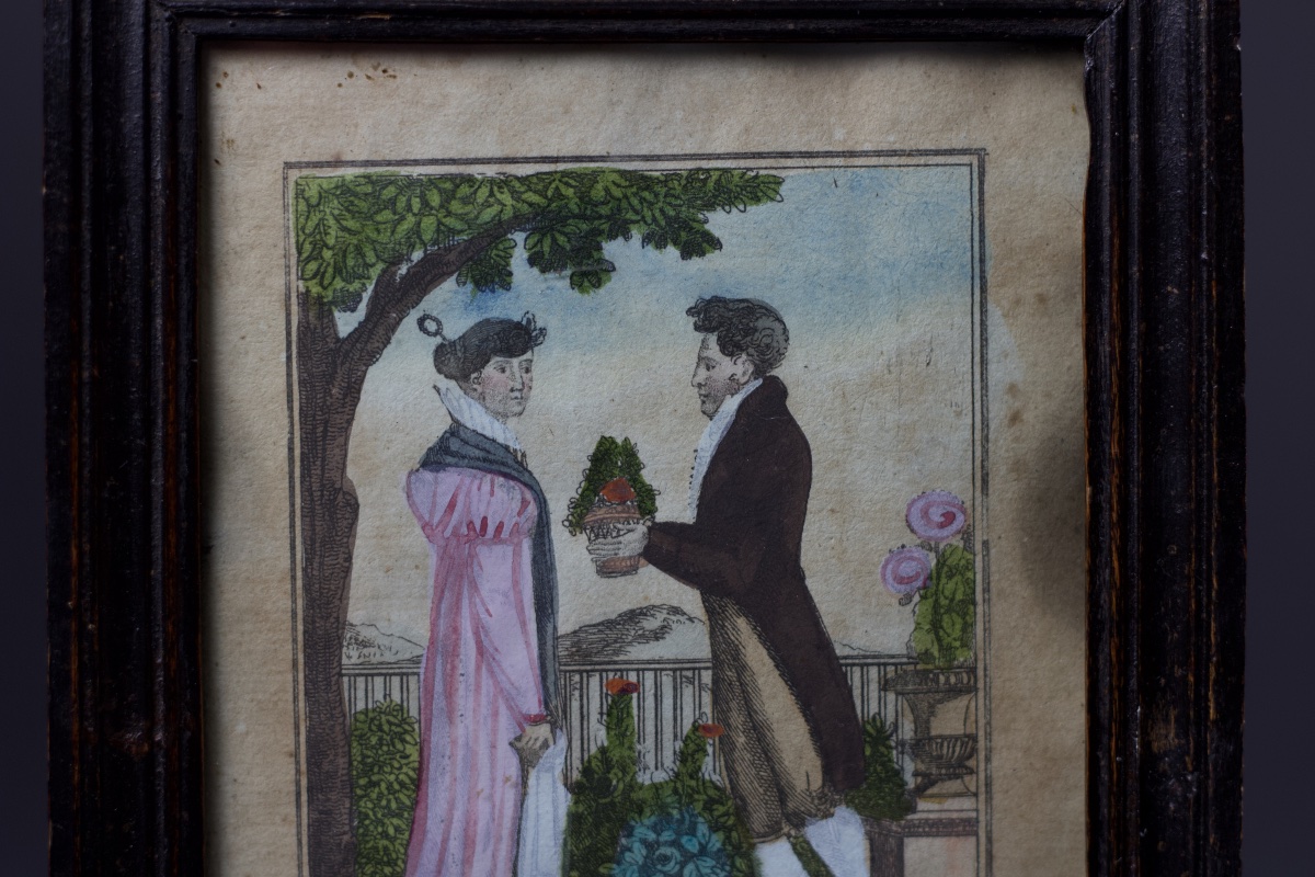 "spring," A 19th-century Enhanced Engraving (ca. 1810–20) Depicting A Romantic Theme, With An Antique Frame And Glass-photo-3