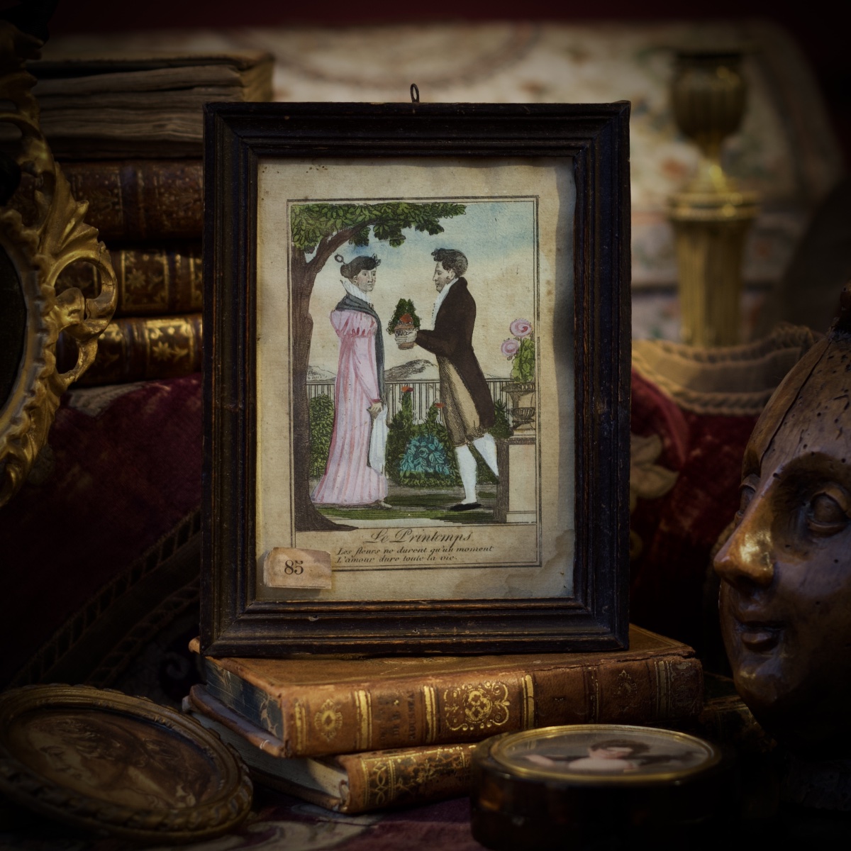 "spring," A 19th-century Enhanced Engraving (ca. 1810–20) Depicting A Romantic Theme, With An Antique Frame And Glass