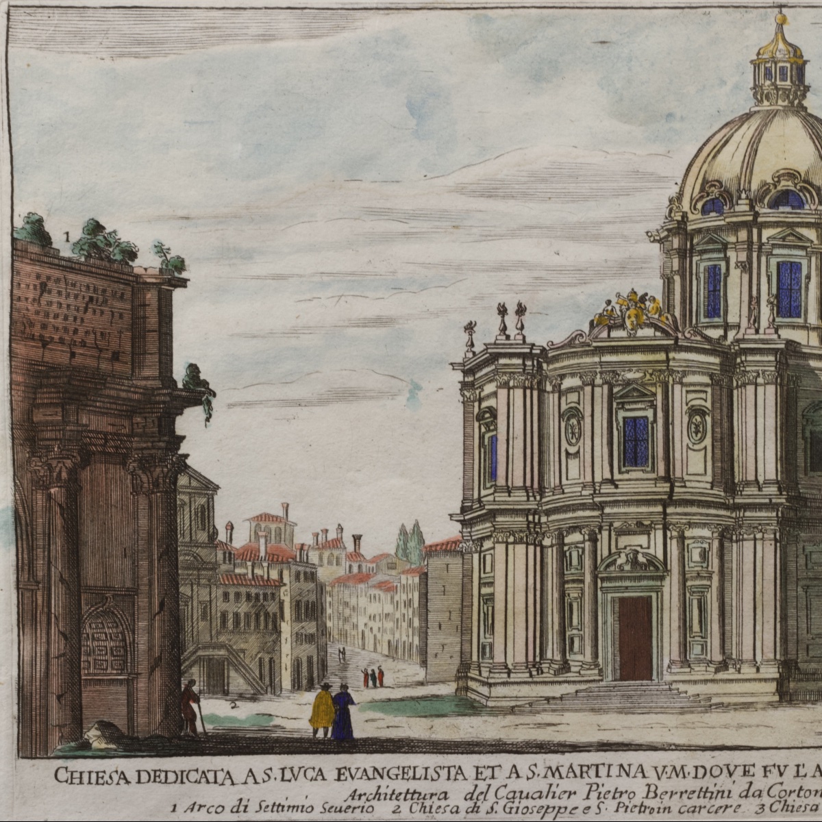 Giovanni Battista Falda, Vue du Campo Vaccino/Forum romain, gravure rehaussée, Italie,  XVIIe -photo-2