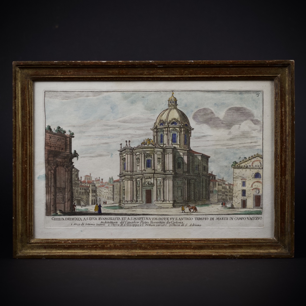 Giovanni Battista Falda, Vue du Campo Vaccino/Forum romain, gravure rehaussée, Italie,  XVIIe 