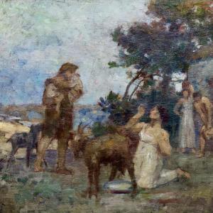 Ecole française, Faustulus apporte Romulus et Remus à Acca Larentia, huile sur toile, 1908