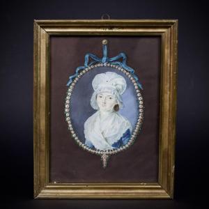 French School, Portrait Of A Young Woman, Gouache On Mounted Paper, Late 18th Century