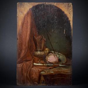 French School, Still Life With Silver Ewer, Oil On Panel, 19th Century