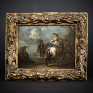 August Querfurt (cercle de), Cavalière en amazone faisant l'aumône, Huile sur panneau, XVIIIe