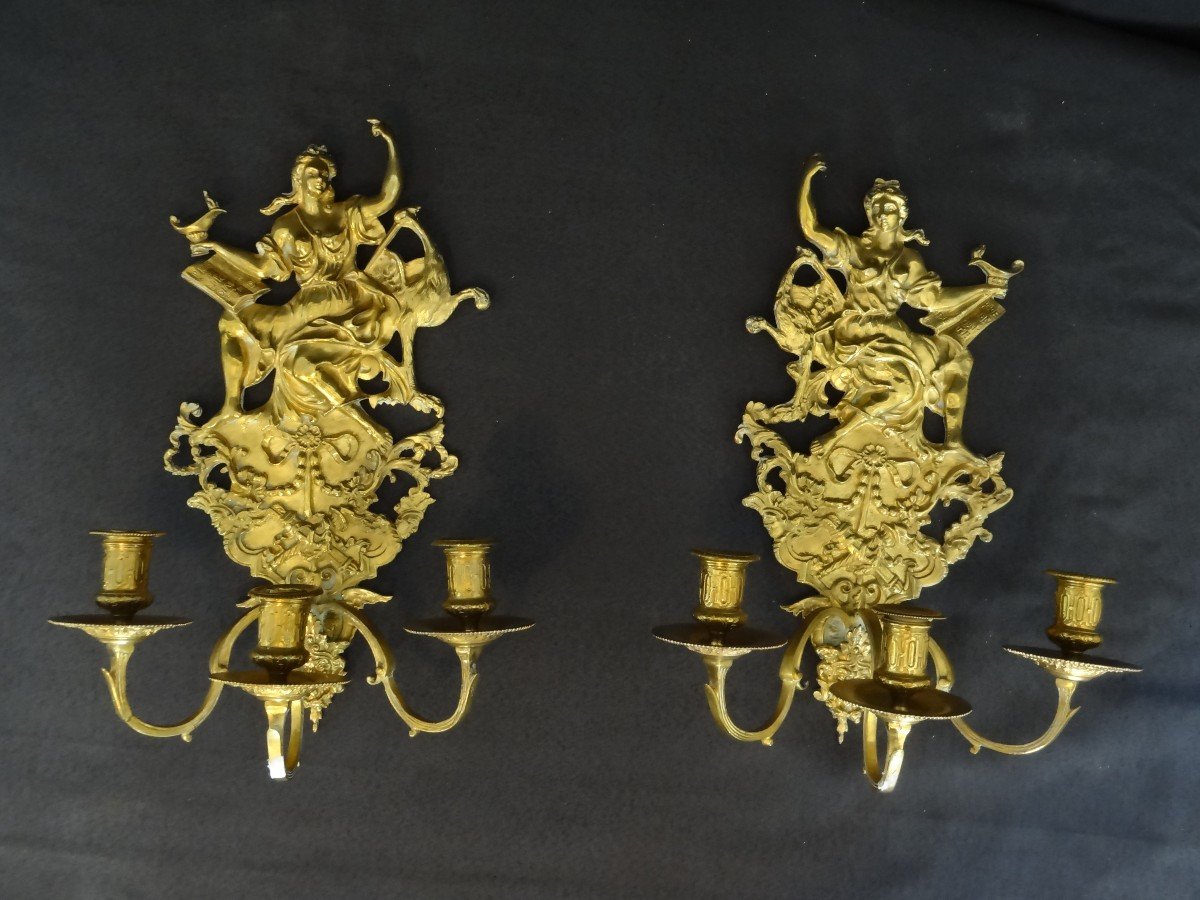 Proantic Pair Of Napoleon III Golden Bronze Wall Lights, 28 Cm