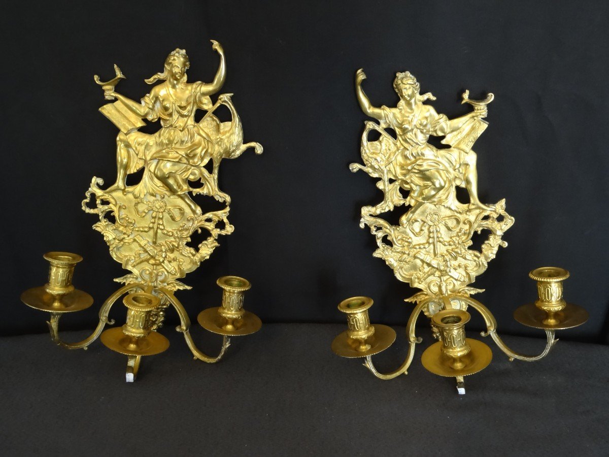 Proantic Pair Of Napoleon III Golden Bronze Wall Lights, 28 Cm