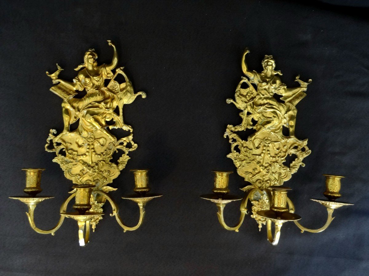 Pair Of Napoleon III Golden Bronze Wall Lights, 28 Cm