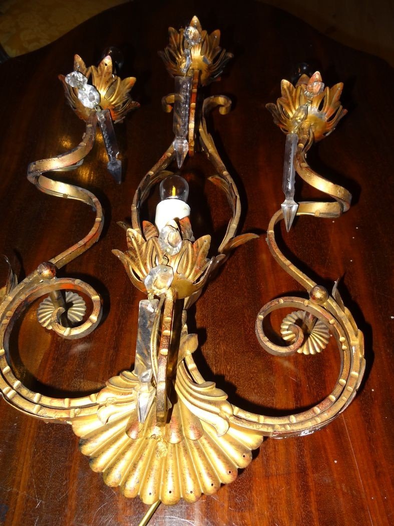 Pair Of Golden Iron Wall Lamps With Four Lights 30x46 Cm-photo-4