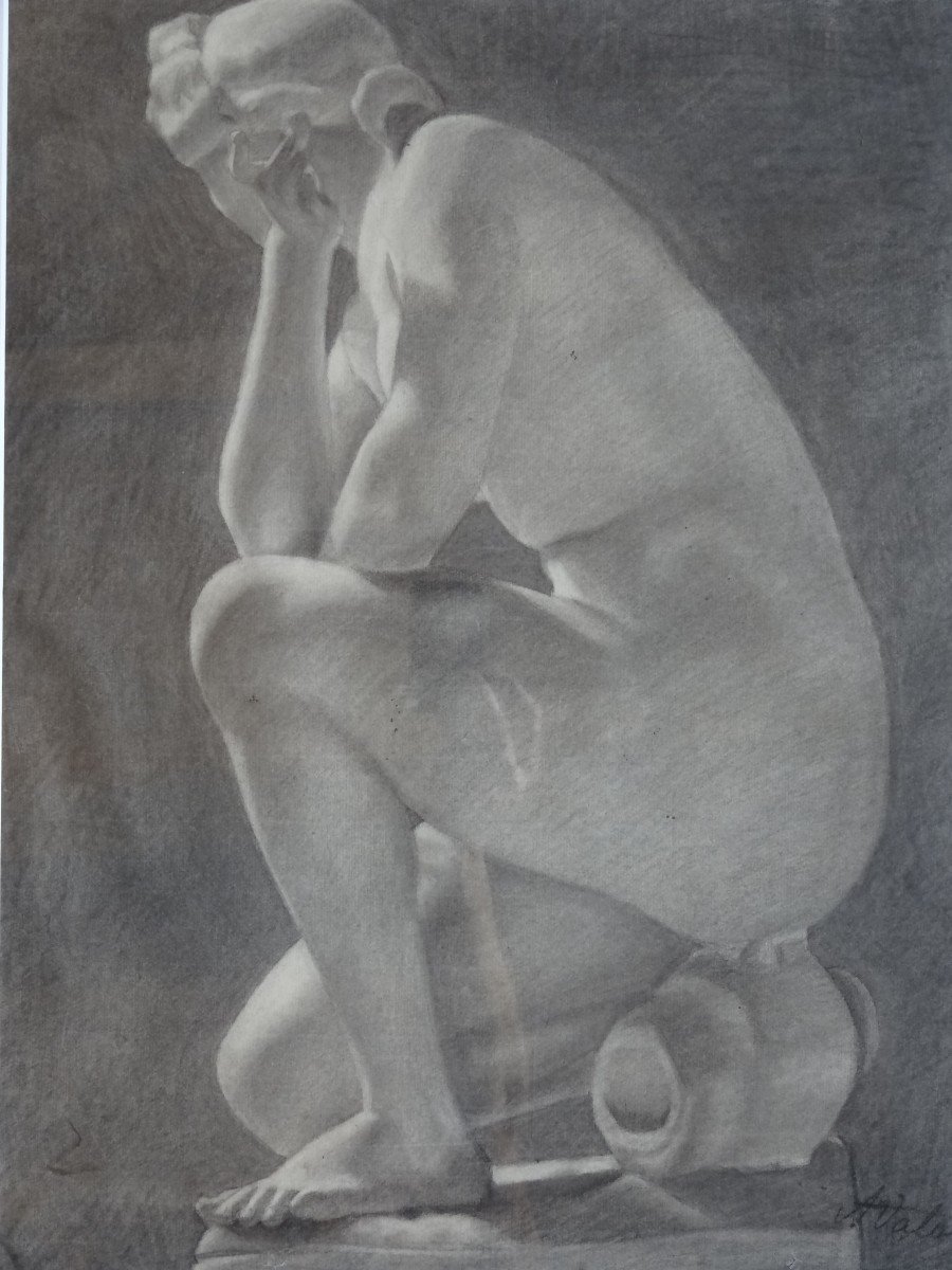 19th C. Academic Drawing, Female Nude In Profile By Auguste Valat 62 X 74 Cm-photo-2