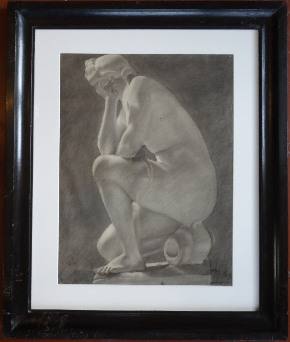 19th C. Academic Drawing, Female Nude In Profile By Auguste Valat 62 X 74 Cm