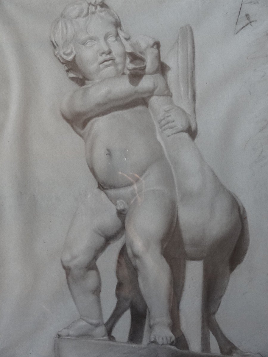 DESSIN ACADEMIQUE XIXEME, ETUDE DE L'ENFANT A L'OIE, ATTRIBUE A  AUGUSTE VALAT 62 x 74 cm-photo-3