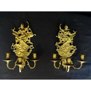 Pair Of Napoleon III Golden Bronze Wall Lights, 28 Cm