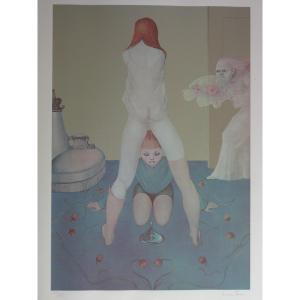 Lithograph By Leonor Fini - Couple Of Women Surprised By The Mother-in-law, 68 X 53 Cm