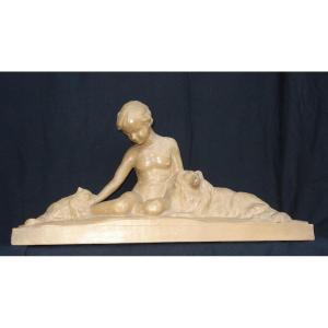 Sculpture On Terracotta, The Child, The Dog And The Cat, 55 Cm, Art Deco