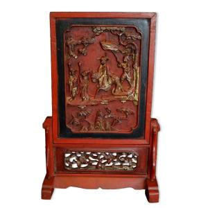 Screen Of Scholar, China XIX Eme, Sculpted And Lacquered Wood, H 52 Cm