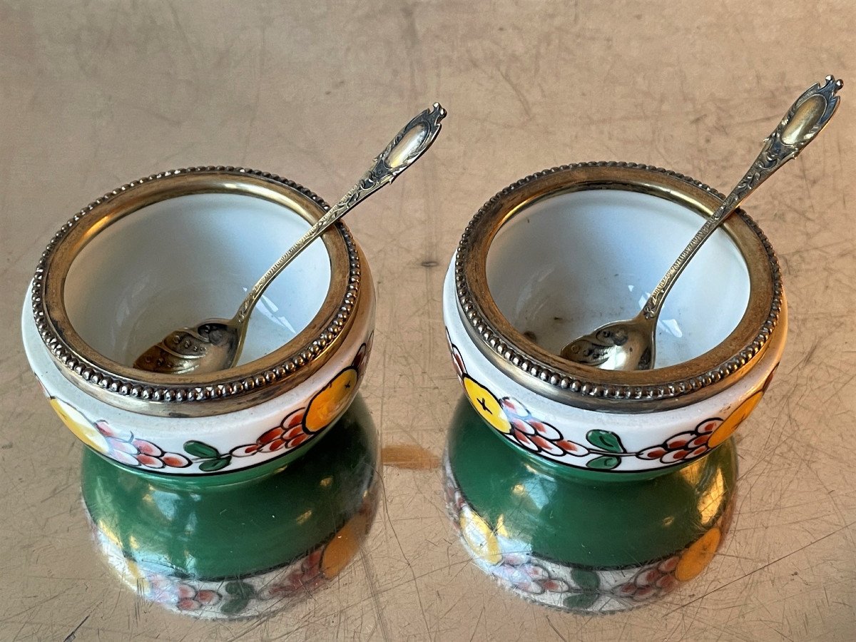 Pair Of Salt Cellars In Limoges Porcelain And Silver Art Deco Salt Cellar-photo-4