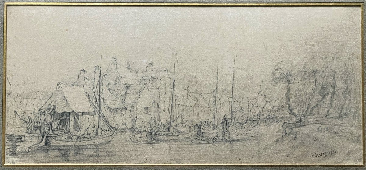 Port In Northern Europe, Drawing By Ambroise Détrez 1840