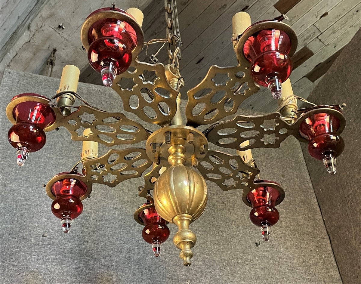 Synagogue Chandelier In Bronze And Blown Glass-photo-2