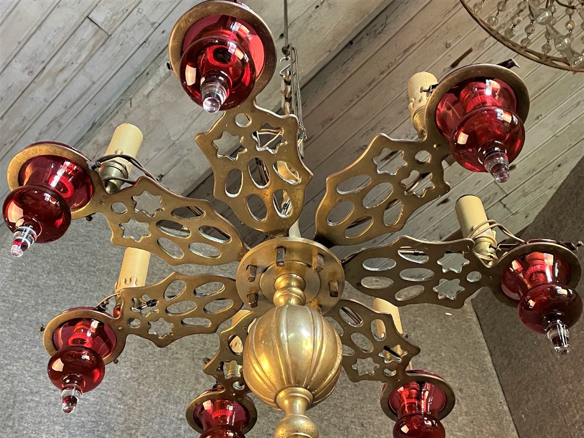 Synagogue Chandelier In Bronze And Blown Glass-photo-1