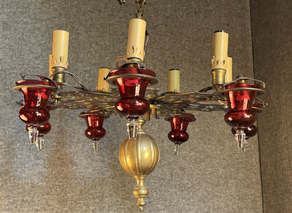 Synagogue Chandelier In Bronze And Blown Glass-photo-2