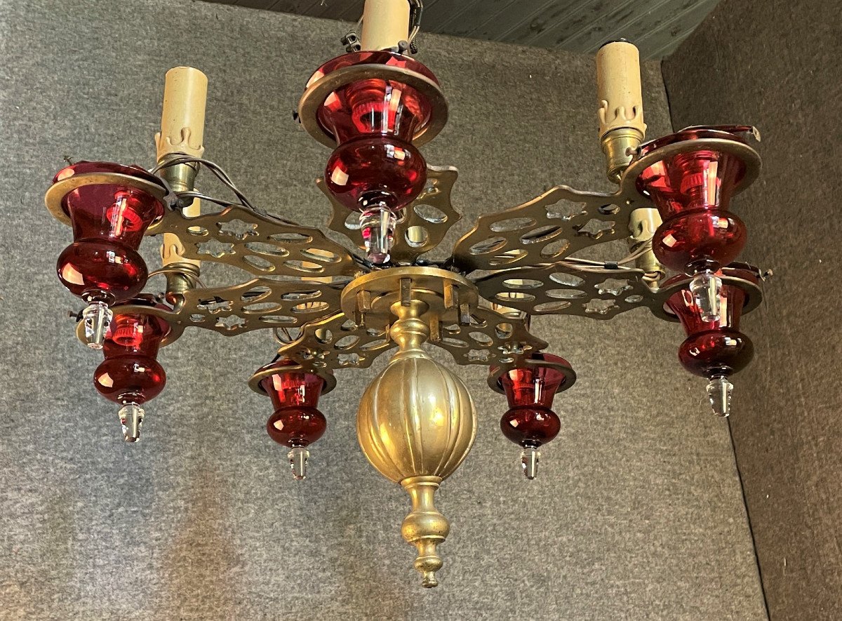 Synagogue Chandelier In Bronze And Blown Glass