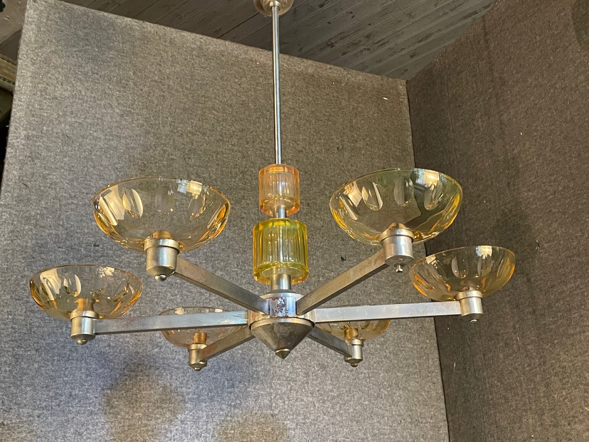 Rare Lustre art déco en cristal taillé ouraline et chrome Adnet six lumières-photo-2