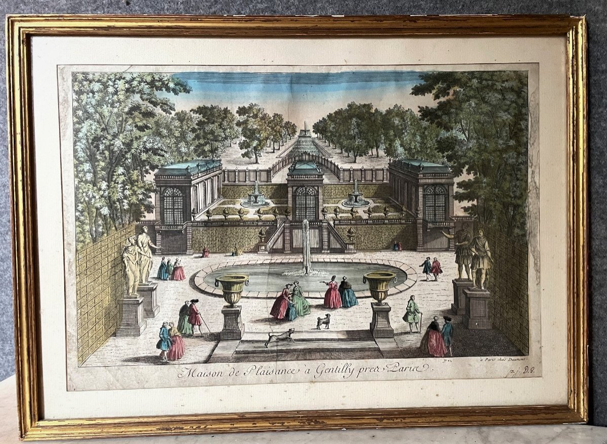 Gravure en couleur vue d'optique XVIIIème : Maison de plaisance à Gentilly-photo-2