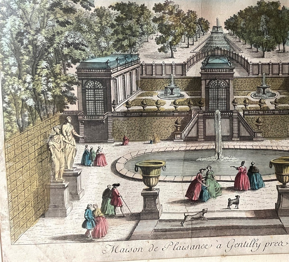 Gravure en couleur vue d'optique XVIIIème : Maison de plaisance à Gentilly-photo-3