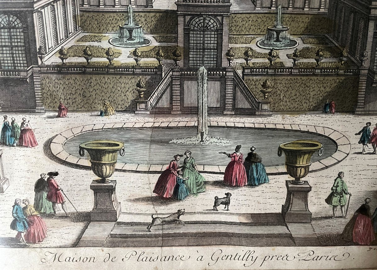 Gravure en couleur vue d'optique XVIIIème : Maison de plaisance à Gentilly-photo-4