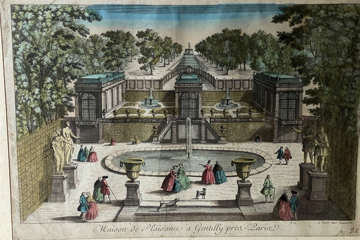 Gravure en couleur vue d'optique XVIIIème : Maison de plaisance à Gentilly