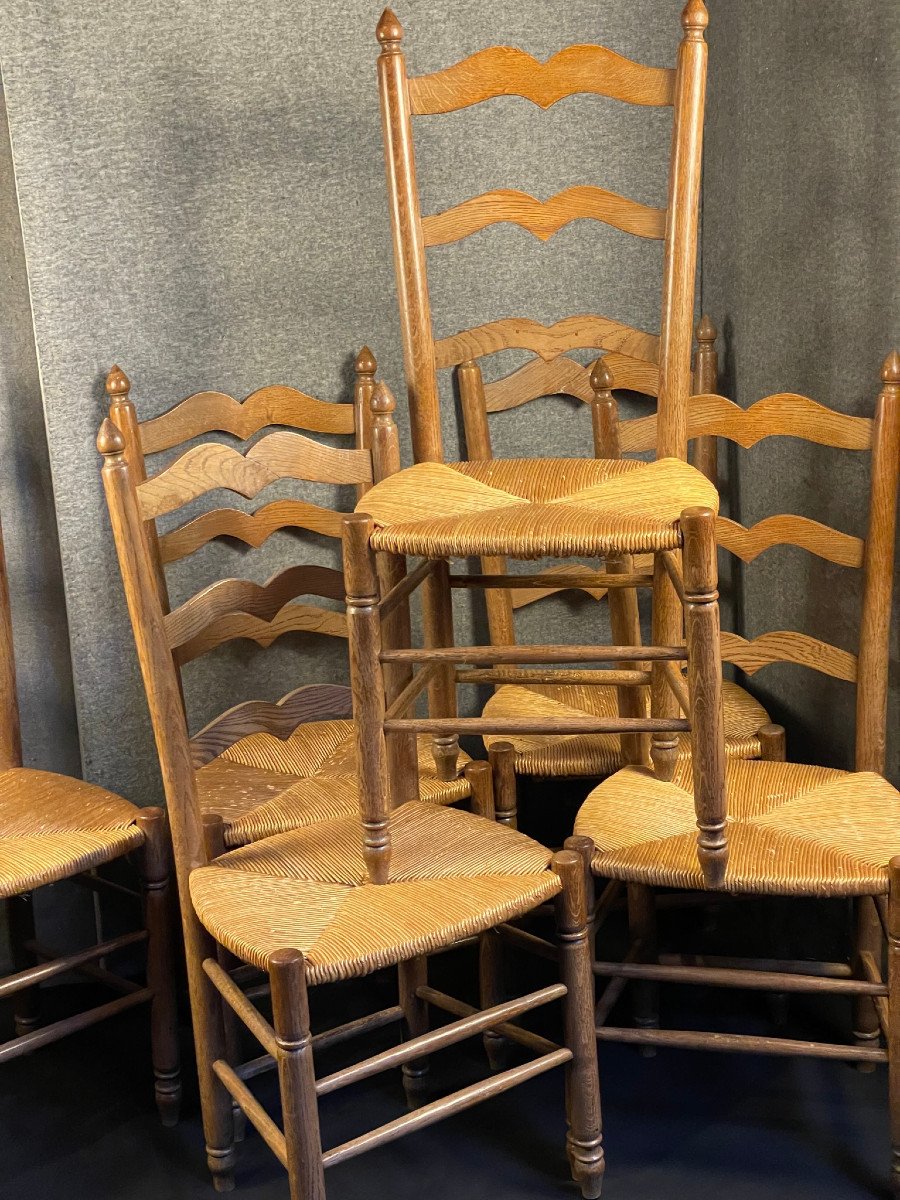Six Mid-20th Century Oak Straw Chairs-photo-2