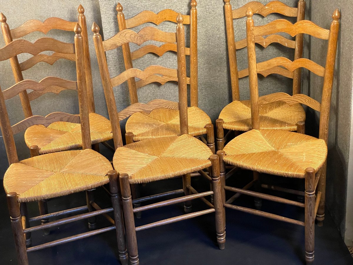 Six Mid-20th Century Oak Straw Chairs-photo-3