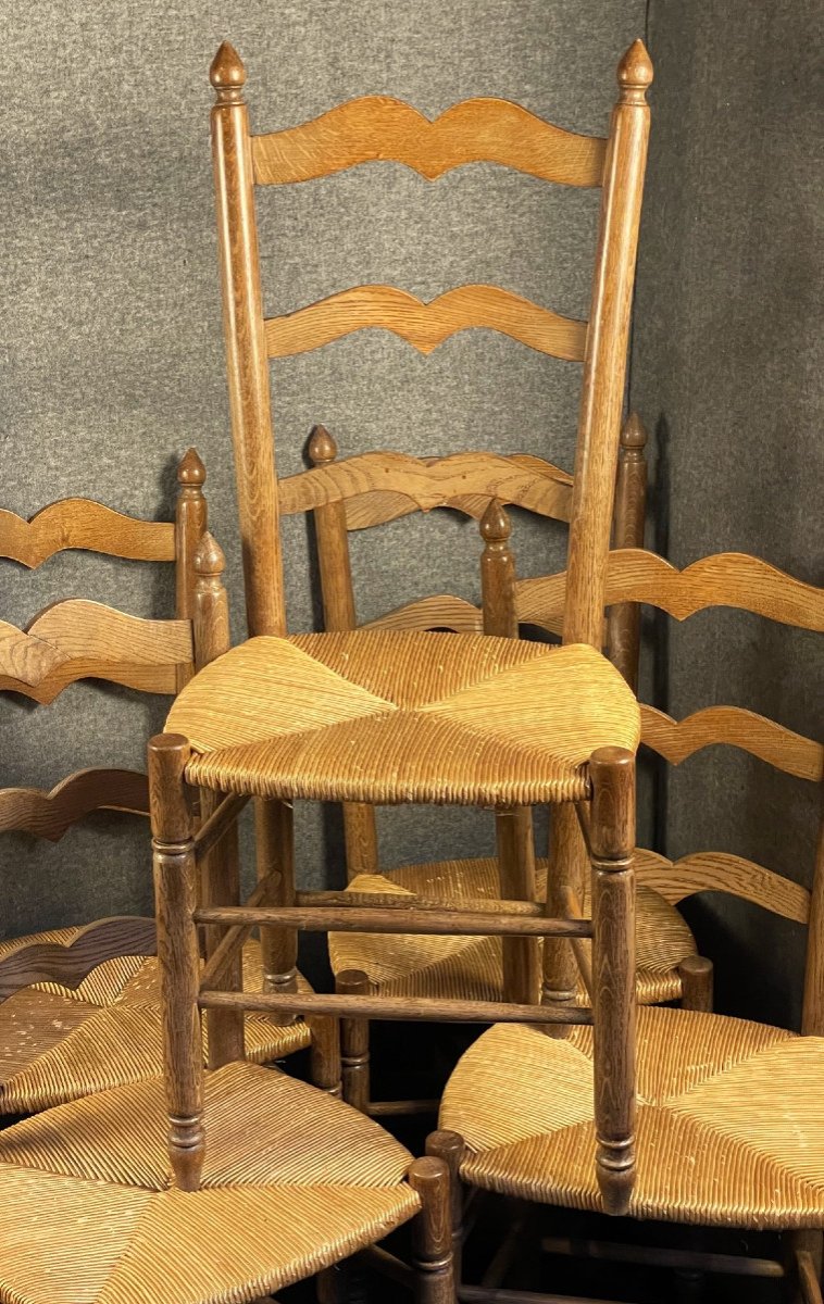 Six Mid-20th Century Oak Straw Chairs-photo-4