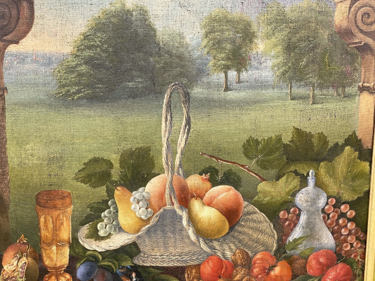 Large Decorative Oil Painting On Canvas, Basket Of Fruit, 19th Century-photo-3