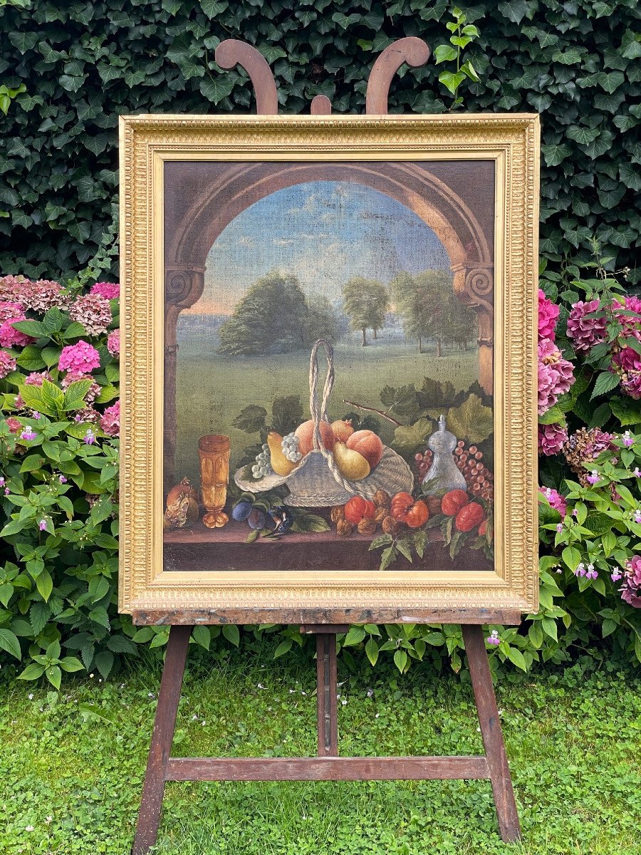 Large Decorative Oil Painting On Canvas, Basket Of Fruit, 19th Century-photo-2