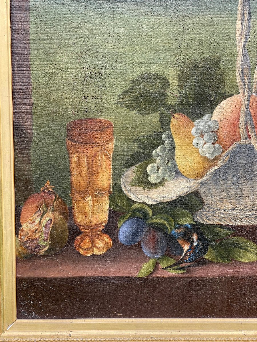 Large Decorative Oil Painting On Canvas, Basket Of Fruit, 19th Century-photo-3